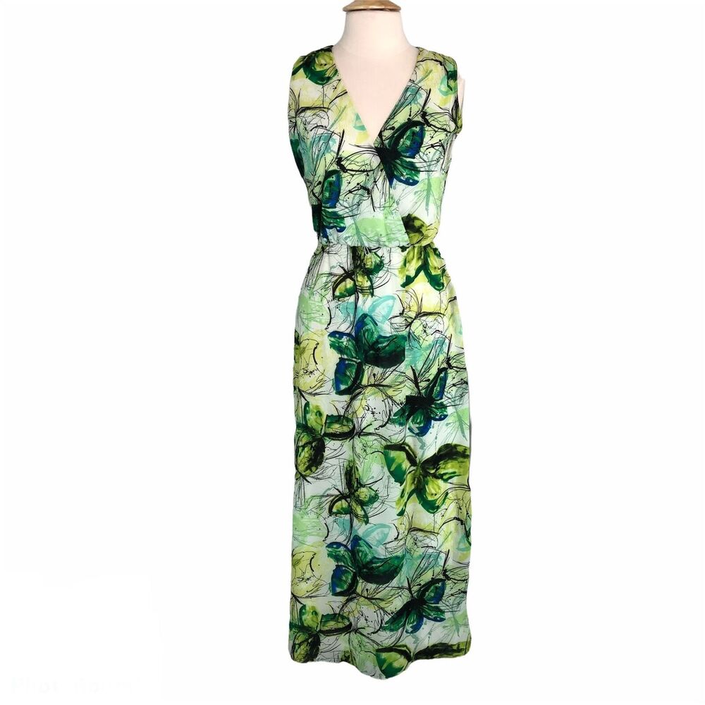 Ruched A-Line Maxi Dress V Neck Sleeveless Geometric Motif Size Medium Darian